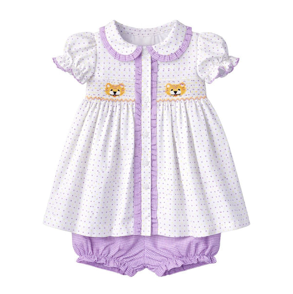 Ruby Smocked Bloomer Set- Purple Bitty Dot Tiger