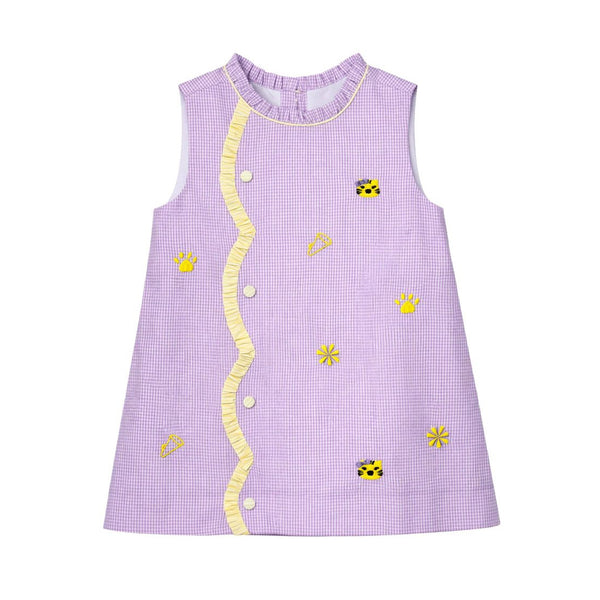 Claire Scallop Dress- All Over Embroidery Purple Tigers