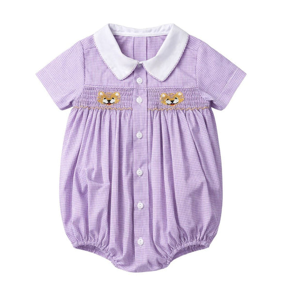 Miller Smocked Bubble- Purple Gingham Tiger