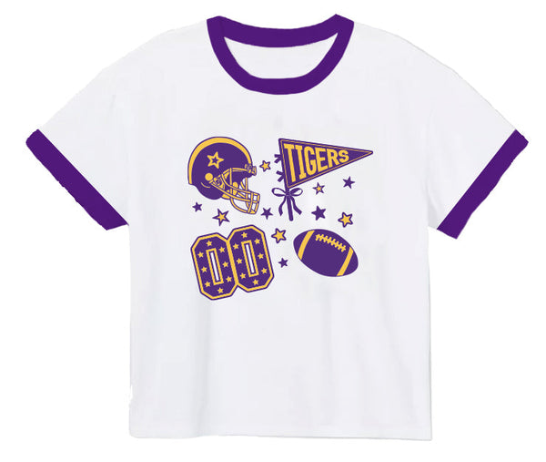 Sequin Football Elements Boxy T- Tigers Purple/Gold