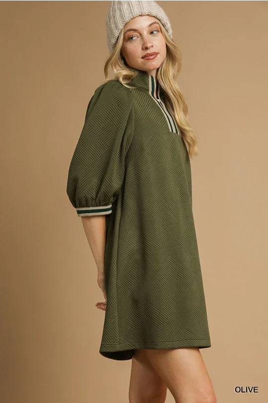 High Neck Jacquard Dress- Olive