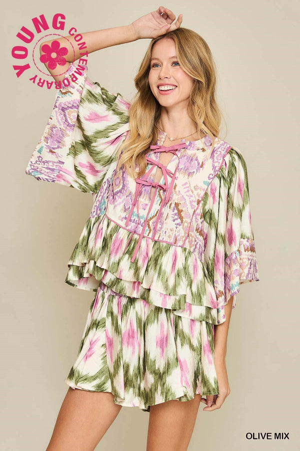Abstract Print Ruffle Skirt Set- Olive Mix