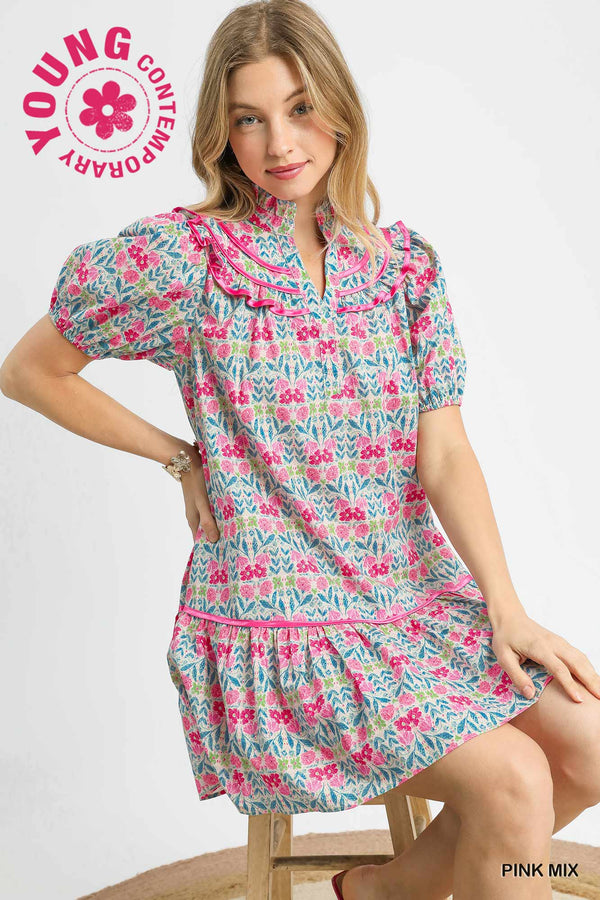 Floral Ruffle Dress- Pink Mix