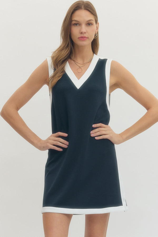Solid Sleeveless Pullover Dress- Navy