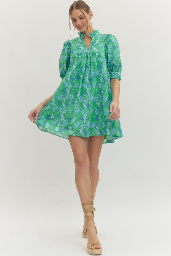 Floral Print Puff Sleeve Dress- Green