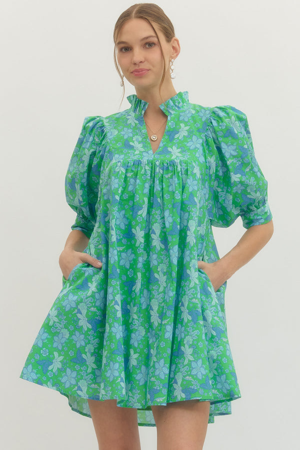 Floral Print Puff Sleeve Dress- Green