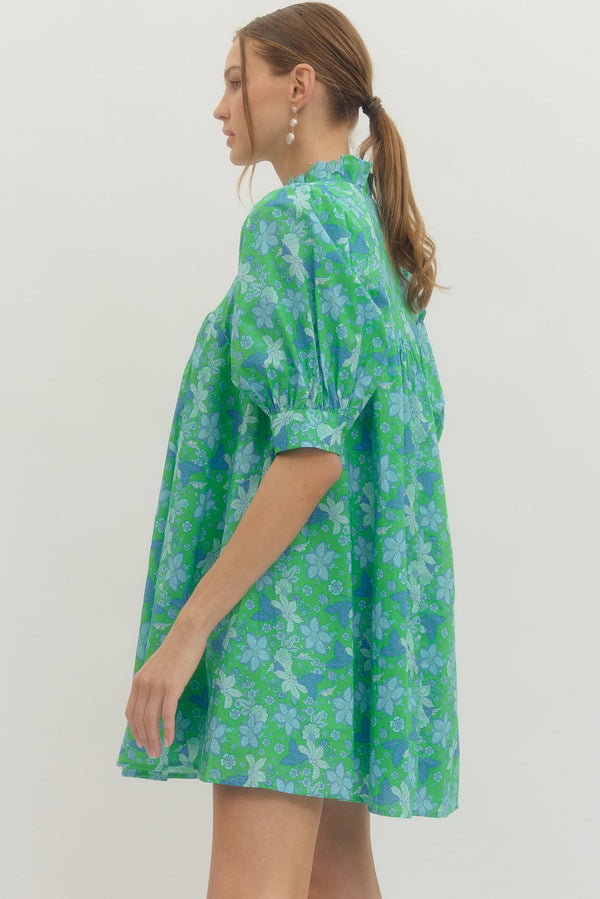 Floral Print Puff Sleeve Dress- Green