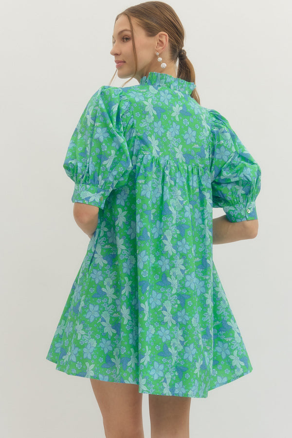 Floral Print Puff Sleeve Dress- Green