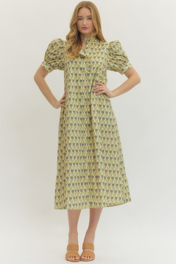 Floral Print Puff Sleeve Midi Dress- Ecru