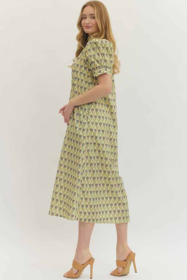 Floral Print Puff Sleeve Midi Dress- Ecru