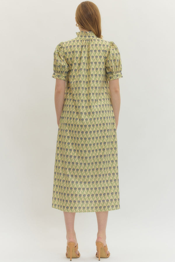 Floral Print Puff Sleeve Midi Dress- Ecru