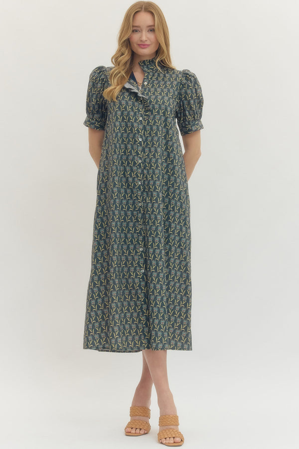 Floral Print Puff Sleeve Midi Dress- Midnight