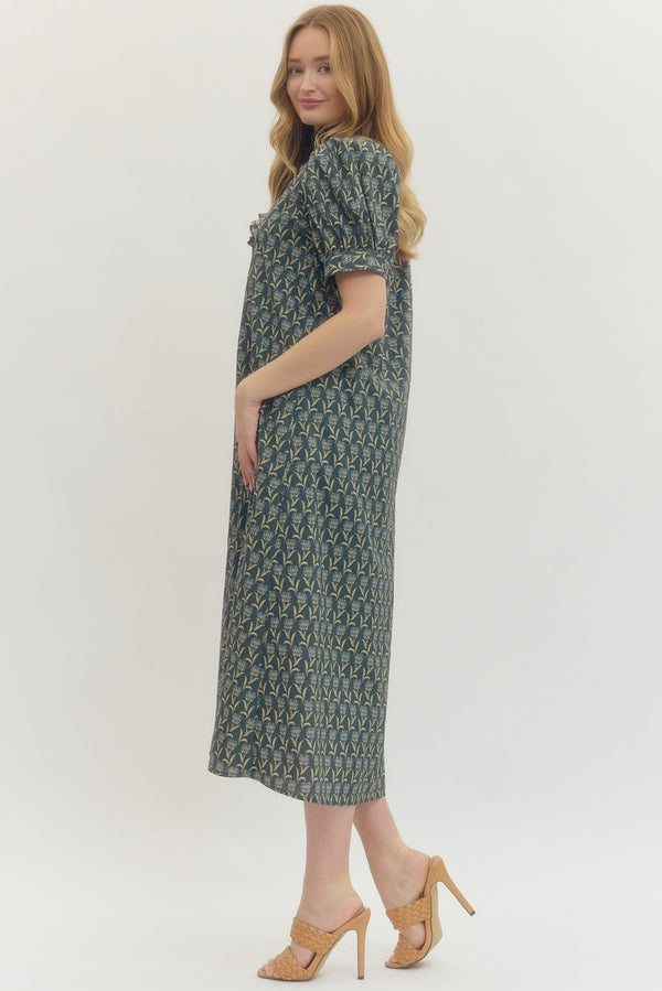 Floral Print Puff Sleeve Midi Dress- Midnight