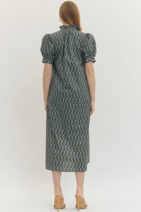 Floral Print Puff Sleeve Midi Dress- Midnight