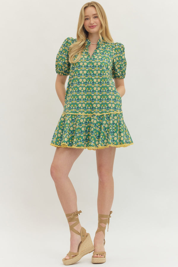 Botanical Print Puff Sleeve Dress- Green