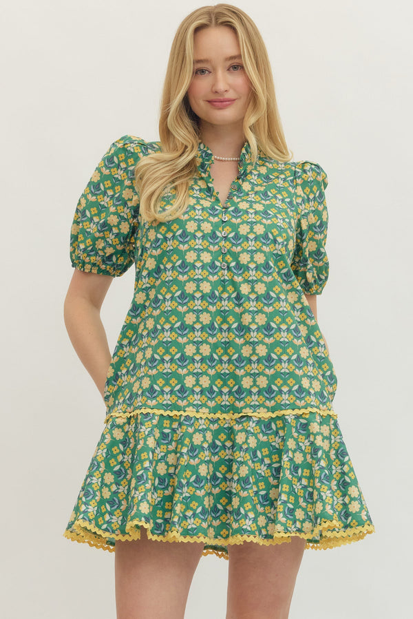 Botanical Print Puff Sleeve Dress- Green