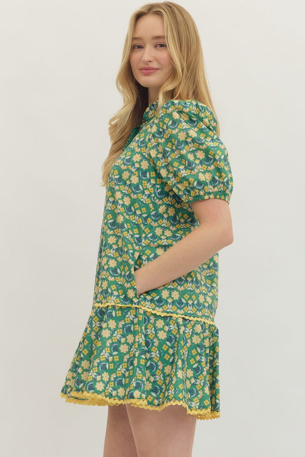 Botanical Print Puff Sleeve Dress- Green