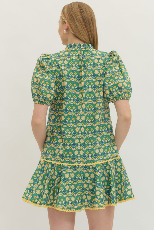 Botanical Print Puff Sleeve Dress- Green