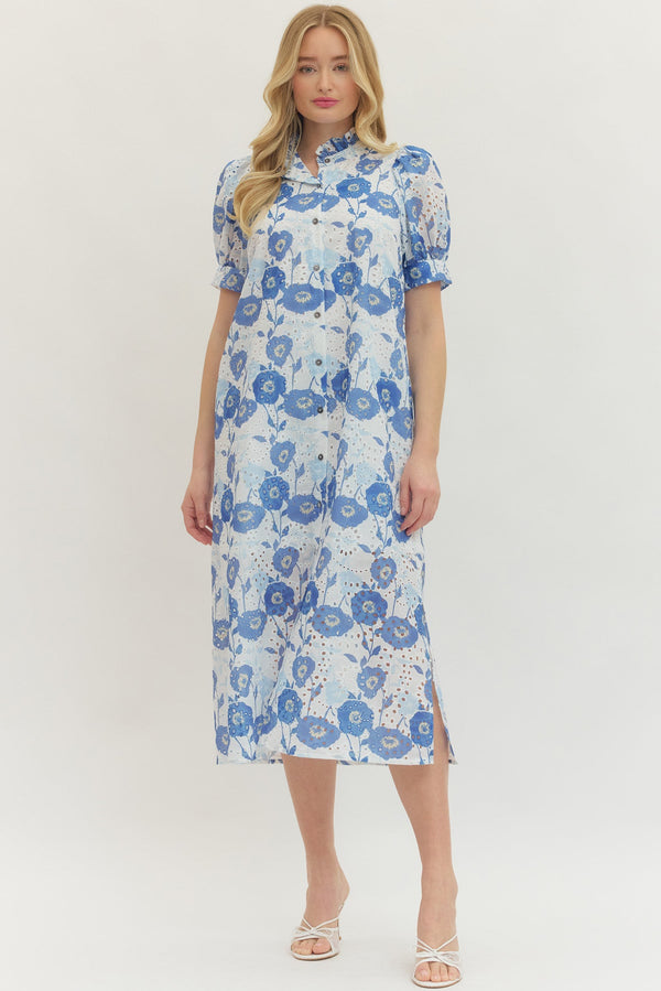 Floral Puff Sleeves Dress- Blue