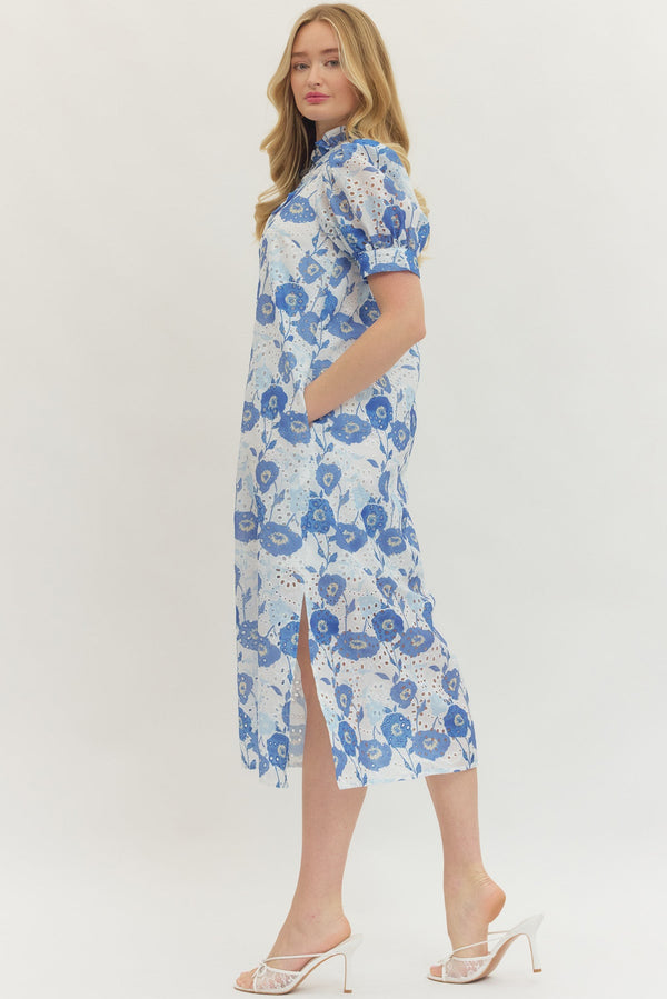 Floral Puff Sleeves Dress- Blue