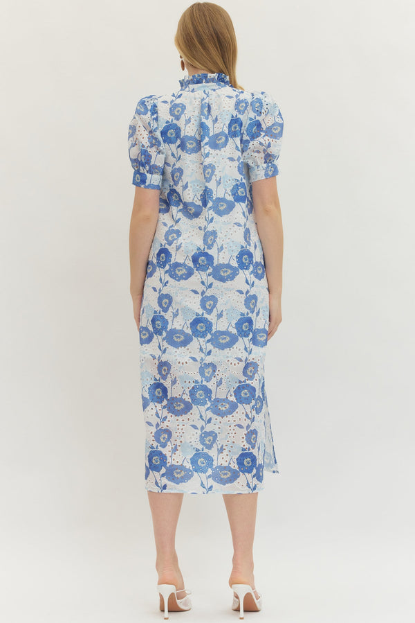 Floral Puff Sleeves Dress- Blue