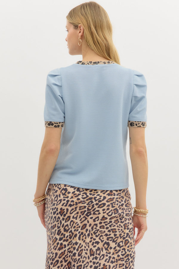 Textured Pleated Top- Lt. Blue/Leopard