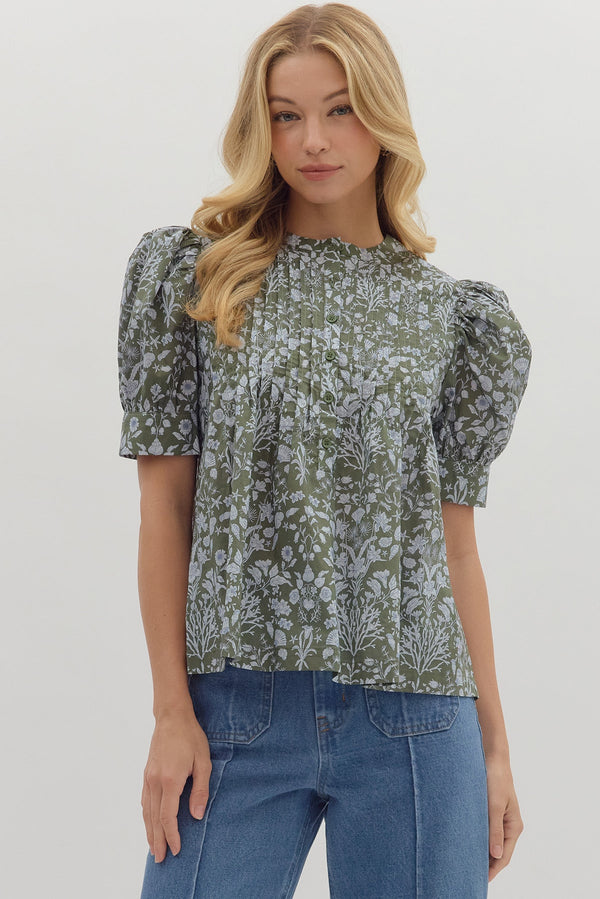 Floral Puff Sleeve Top- Olive