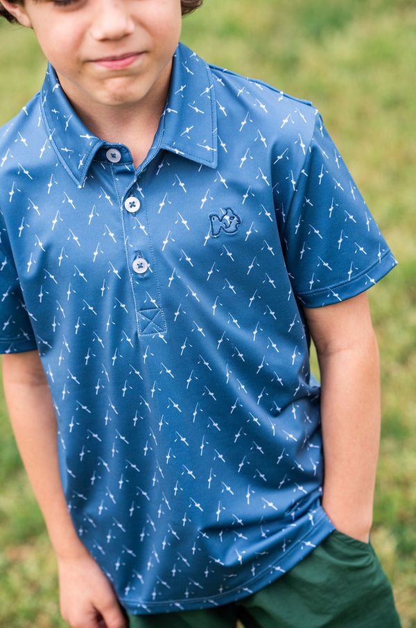 Pro Performance Polo- Copen Blue Fishing Rod Print