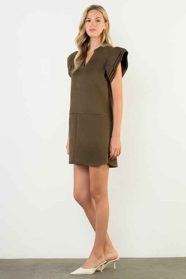 Flutter Sleeve Suede Dress- Olive