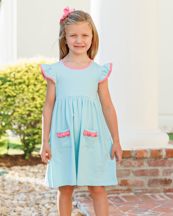 Mia Dress- Dark Mint Strip w/ Pink