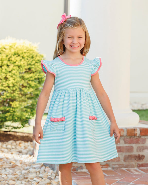 Mia Dress- Dark Mint Strip w/ Pink
