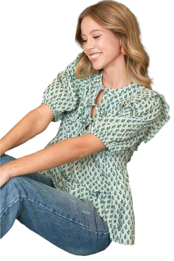 Abstract Print W/ Ribbon Tie Top - Blue