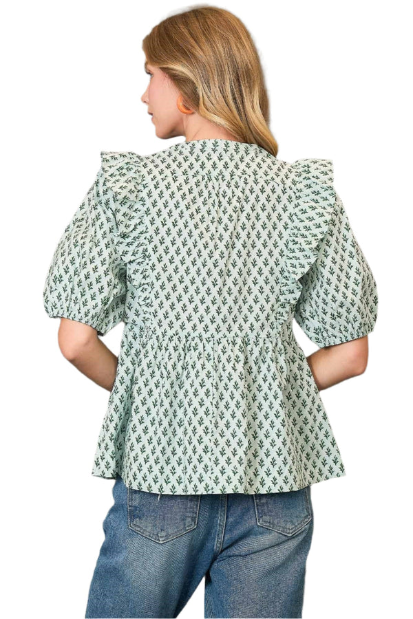 Abstract Print W/ Ribbon Tie Top - Blue