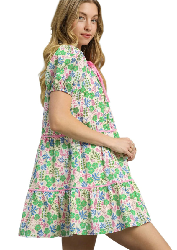 Floral Tiered Puff Sleeve Dress- Green Mix