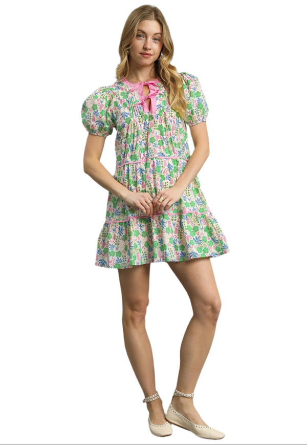 Floral Tiered Puff Sleeve Dress- Green Mix
