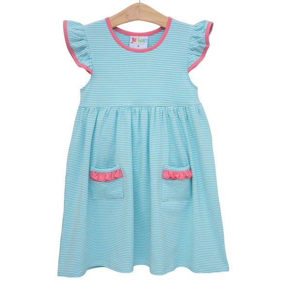 Mia Dress- Dark Mint Strip w/ Pink