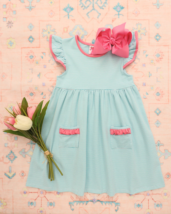 Mia Dress- Dark Mint Strip w/ Pink