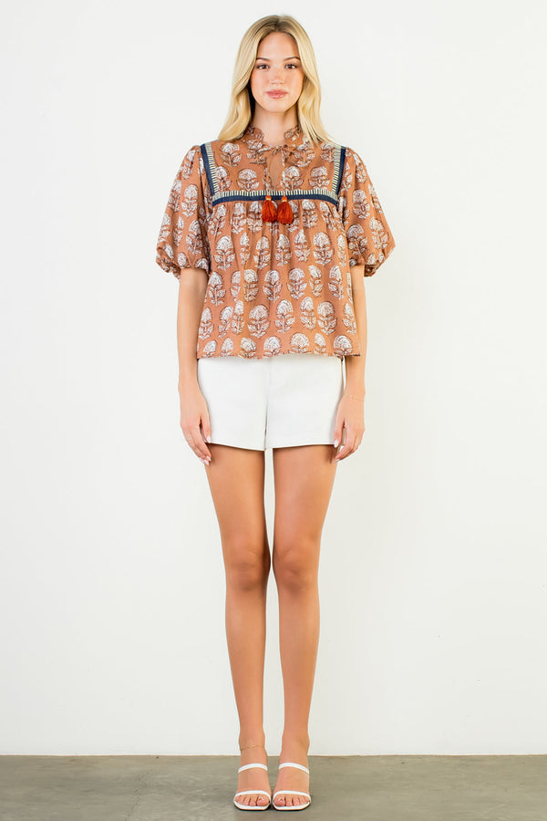 Puff Sleeve Floral Tie Tassel Top