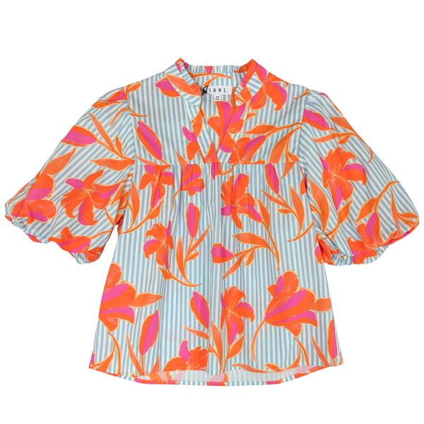 Striped Floral Puff Sleeve Top- Light Blue
