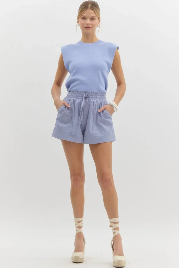 Solid High-Waisted Shorts- Misty Blue
