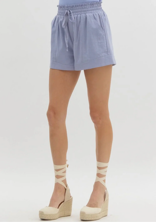 Solid High-Waisted Shorts- Misty Blue