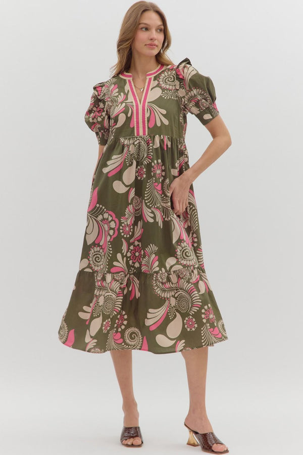 Paisley Pattern Cuff Band Tiered Dress- Olive