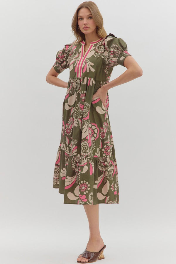 Paisley Pattern Cuff Band Tiered Dress- Olive