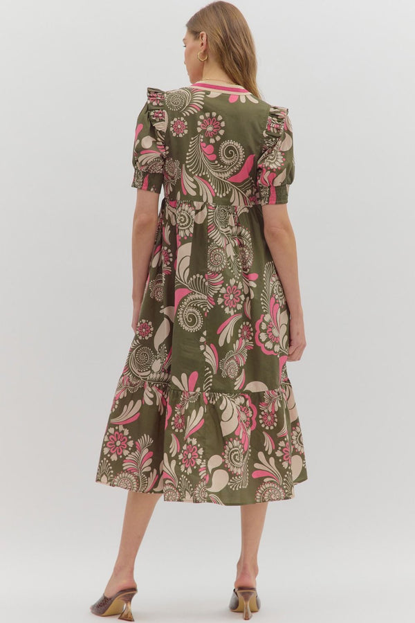 Paisley Pattern Cuff Band Tiered Dress- Olive
