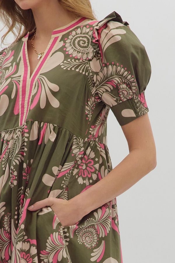 Paisley Pattern Cuff Band Tiered Dress- Olive