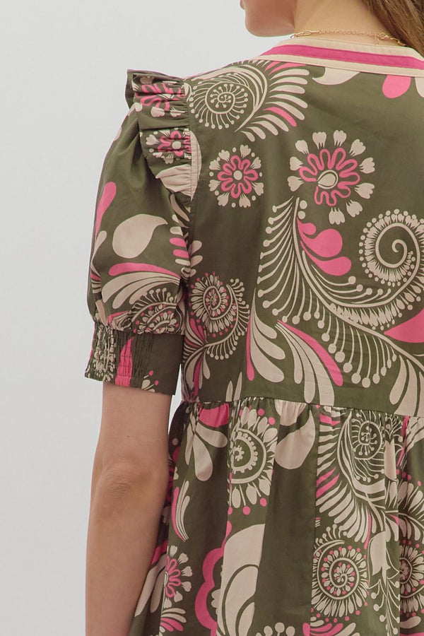 Paisley Pattern Cuff Band Tiered Dress- Olive
