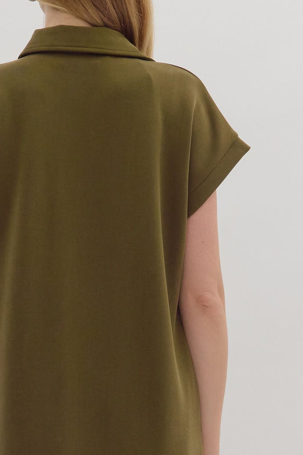 Solid Knit Split Collar Pullover Dress- Olive