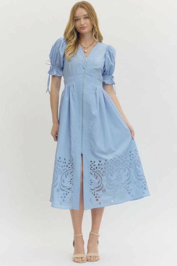Solid Embroidered Puff Sleeve Dress- Lt. Blue