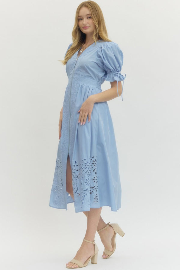 Solid Embroidered Puff Sleeve Dress- Lt. Blue