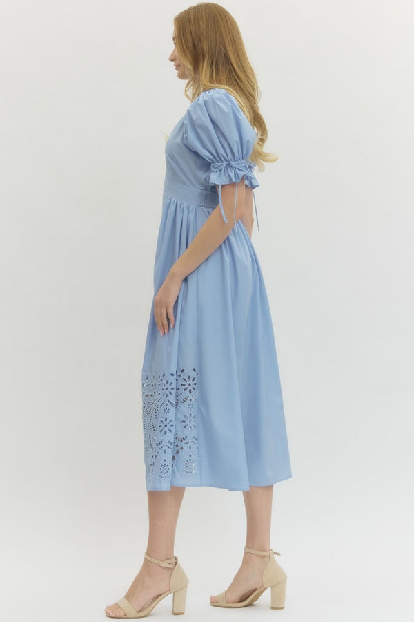 Solid Embroidered Puff Sleeve Dress- Lt. Blue